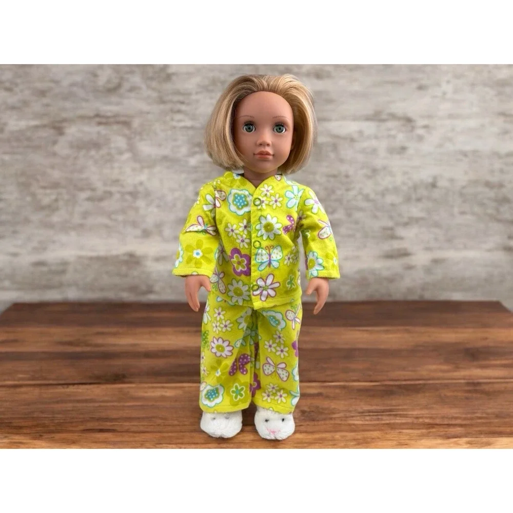 Lime Green Flower & Butterfly Doll Pajamas With Bunny Slippers Fits 18